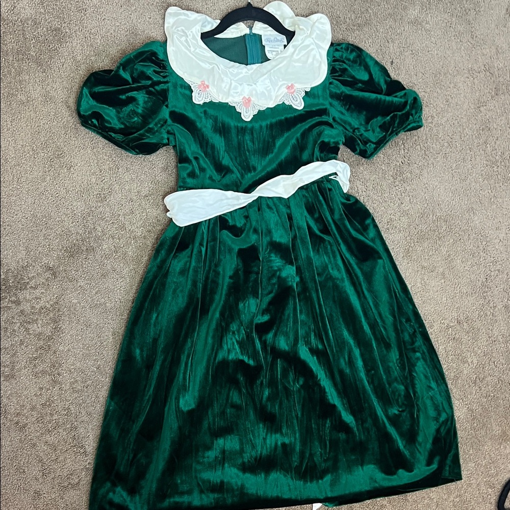 Rare Editions Green Velvet Dress with White Accents girls church party